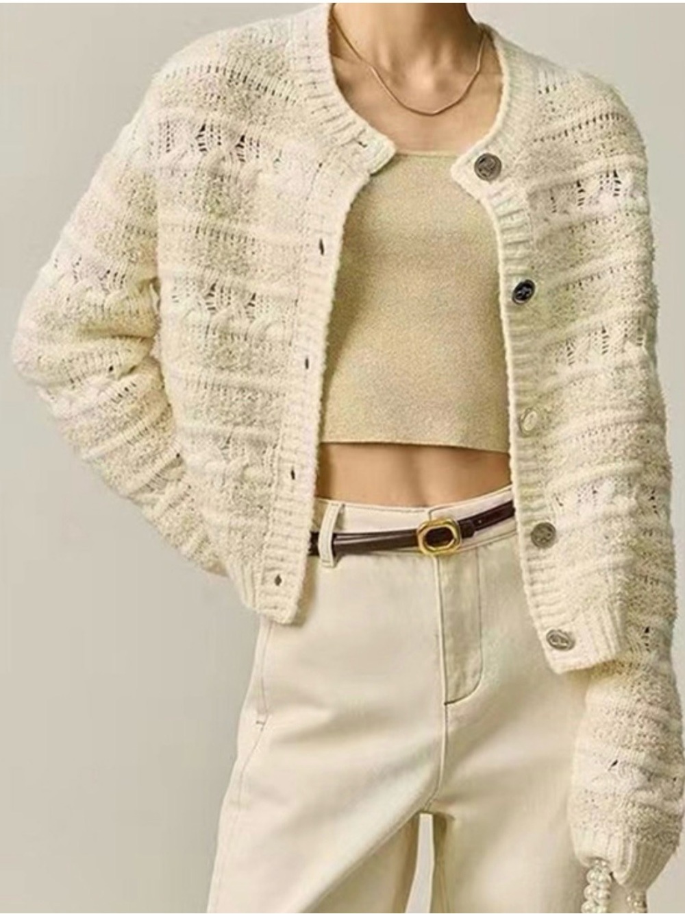 Lily Ivory Open-Weave Button Front Cardigan
